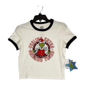 FOREVER 21 The Grinch Junior Short Sleeve Cropped Tshirt White Black Trim Small